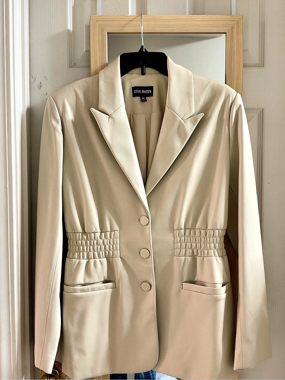 Steve Madden Frida Smock Waist Faux Leather Blazer Beige Medium